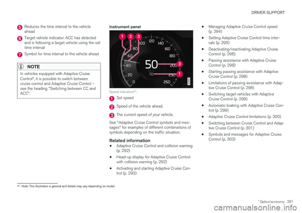VOLVO V90 CROSS COUNTRY 2018 Owner´s Manual DRIVER SUPPORT
* Option/accessory.291
Reduces the time interval to the vehicle ahead
Target vehicle indicator: ACC has detected and is following a target vehicle using the settime interval
Symbol for VOLVO V90 CROSS COUNTRY 2018 Owner´s Manual DRIVER SUPPORT
* Option/accessory.291
Reduces the time interval to the vehicle ahead
Target vehicle indicator: ACC has detected and is following a target vehicle using the settime interval
Symbol for