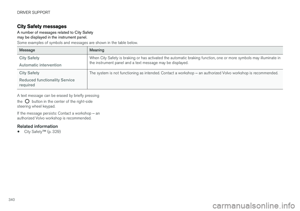 VOLVO V90 CROSS COUNTRY 2018  Owner´s Manual DRIVER SUPPORT
340
City Safety messages A number of messages related to City Safety may be displayed in the instrument panel.
Some examples of symbols and messages are shown in the table below.
Messag