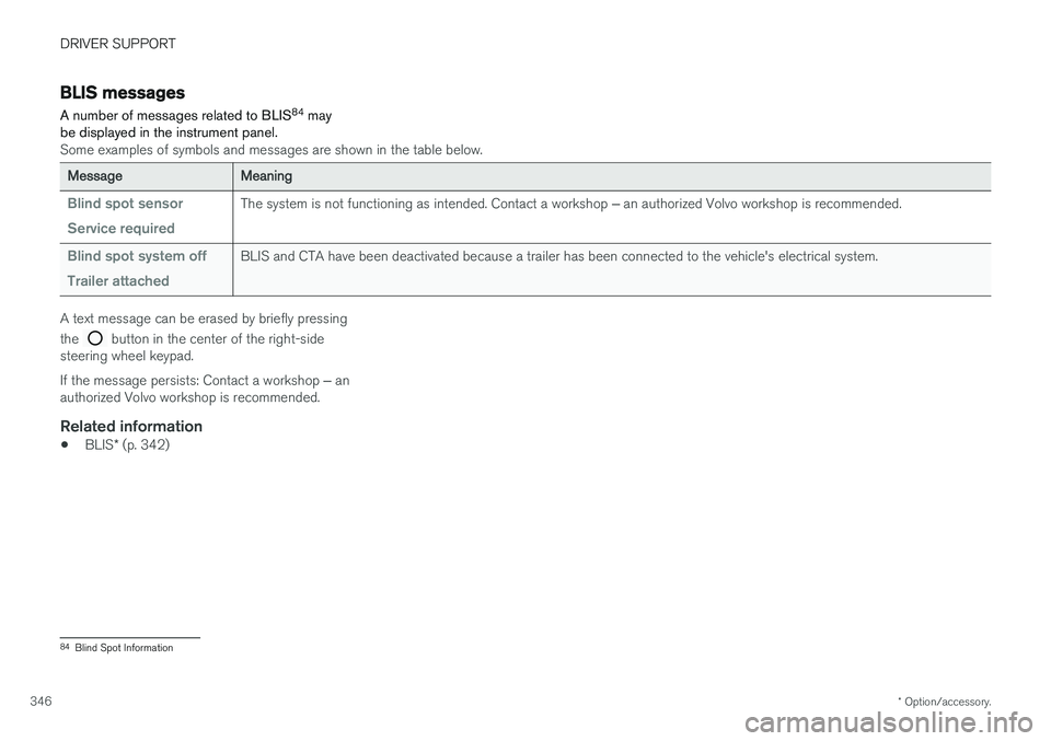 VOLVO V90 CROSS COUNTRY 2018  Owner´s Manual DRIVER SUPPORT
* Option/accessory.
346
BLIS messages
A number of messages related to BLIS 84
 may
be displayed in the instrument panel.
Some examples of symbols and messages are shown in the table bel