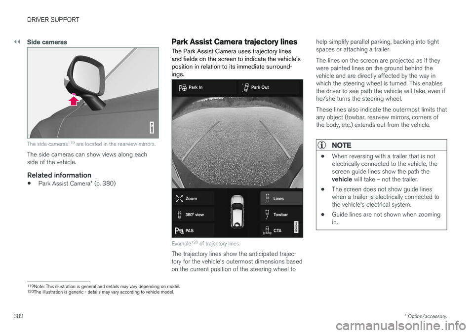 VOLVO V90 CROSS COUNTRY 2018 Owner´s Manual ||
DRIVER SUPPORT
* Option/accessory.
382
Side cameras
The side cameras 119
are located in the rearview mirrors.
The side cameras can show views along each side of the vehicle.
Related information
VOLVO V90 CROSS COUNTRY 2018 Owner´s Manual ||
DRIVER SUPPORT
* Option/accessory.
382
Side cameras
The side cameras 119
are located in the rearview mirrors.
The side cameras can show views along each side of the vehicle.
Related information