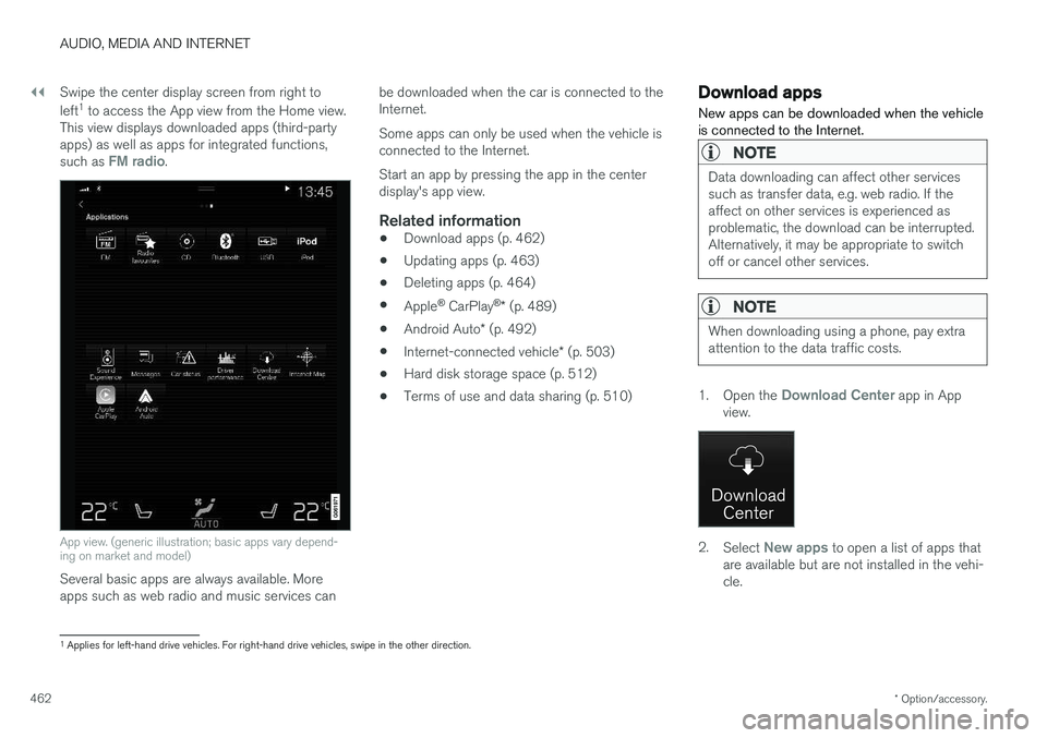VOLVO V90 CROSS COUNTRY 2018 Owner´s Manual ||
AUDIO, MEDIA AND INTERNET
* Option/accessory.
462 Swipe the center display screen from right to left
1
to access the App view from the Home view.
This view displays downloaded apps (third-party ap VOLVO V90 CROSS COUNTRY 2018 Owner´s Manual ||
AUDIO, MEDIA AND INTERNET
* Option/accessory.
462 Swipe the center display screen from right to left
1
to access the App view from the Home view.
This view displays downloaded apps (third-party ap