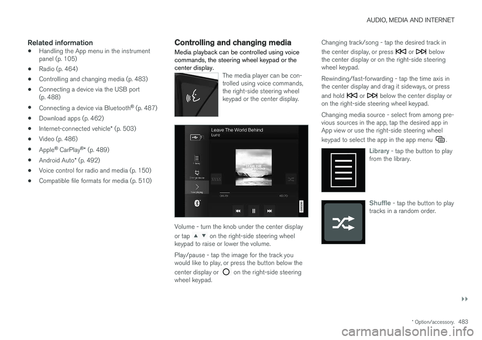 VOLVO V90 CROSS COUNTRY 2018 Owner´s Manual AUDIO, MEDIA AND INTERNET
}}
* Option/accessory.483
Related information
•Handling the App menu in the instrument panel (p. 105)
• Radio (p. 464)
• Controlling and changing media (p. 483)
• Con VOLVO V90 CROSS COUNTRY 2018 Owner´s Manual AUDIO, MEDIA AND INTERNET
}}
* Option/accessory.483
Related information
•Handling the App menu in the instrument panel (p. 105)
• Radio (p. 464)
• Controlling and changing media (p. 483)
• Con