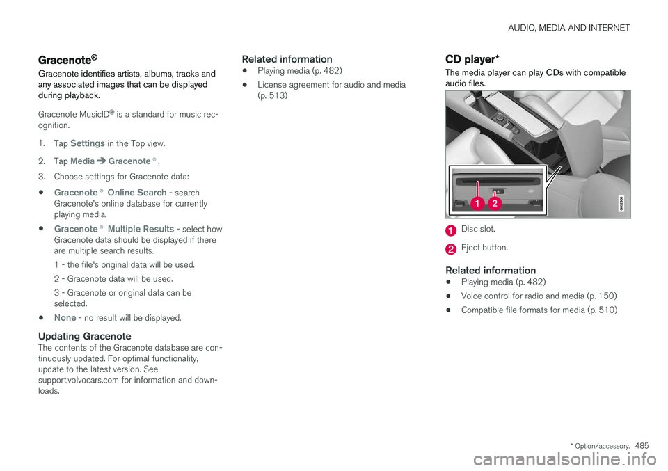 VOLVO V90 CROSS COUNTRY 2018 Owner´s Manual AUDIO, MEDIA AND INTERNET
* Option/accessory.485
Gracenote®
Gracenote identifies artists, albums, tracks and any associated images that can be displayedduring playback.
Gracenote MusicID ®
is a sta VOLVO V90 CROSS COUNTRY 2018 Owner´s Manual AUDIO, MEDIA AND INTERNET
* Option/accessory.485
Gracenote®
Gracenote identifies artists, albums, tracks and any associated images that can be displayedduring playback.
Gracenote MusicID ®
is a sta