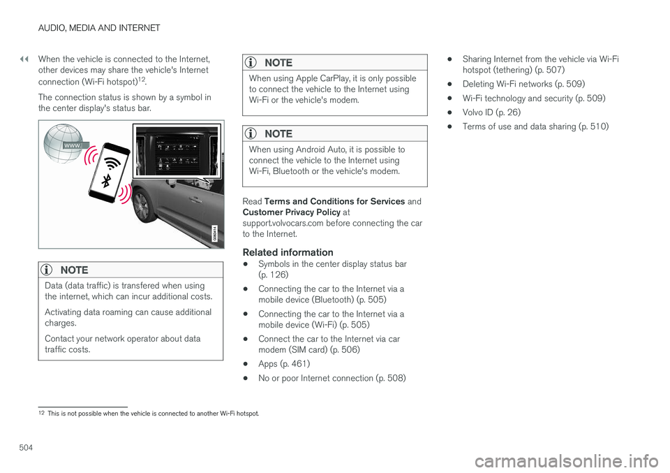 VOLVO V90 CROSS COUNTRY 2018 Owner´s Manual ||
AUDIO, MEDIA AND INTERNET
504When the vehicle is connected to the Internet, other devices may share the vehicle's Internet connection (Wi-Fi hotspot)
12
.
The connection status is shown by a sy VOLVO V90 CROSS COUNTRY 2018 Owner´s Manual ||
AUDIO, MEDIA AND INTERNET
504When the vehicle is connected to the Internet, other devices may share the vehicle's Internet connection (Wi-Fi hotspot)
12
.
The connection status is shown by a sy