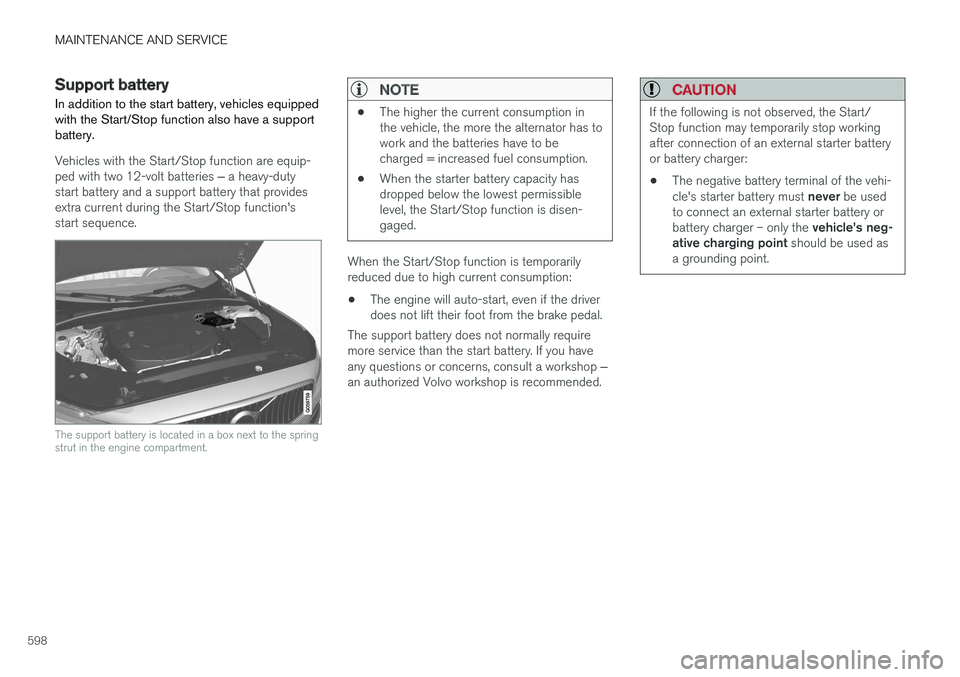 VOLVO V90 CROSS COUNTRY 2018 Owner´s Manual MAINTENANCE AND SERVICE
598
Support battery In addition to the start battery, vehicles equipped with the Start/Stop function also have a supportbattery.
Vehicles with the Start/Stop function are equip VOLVO V90 CROSS COUNTRY 2018 Owner´s Manual MAINTENANCE AND SERVICE
598
Support battery In addition to the start battery, vehicles equipped with the Start/Stop function also have a supportbattery.
Vehicles with the Start/Stop function are equip