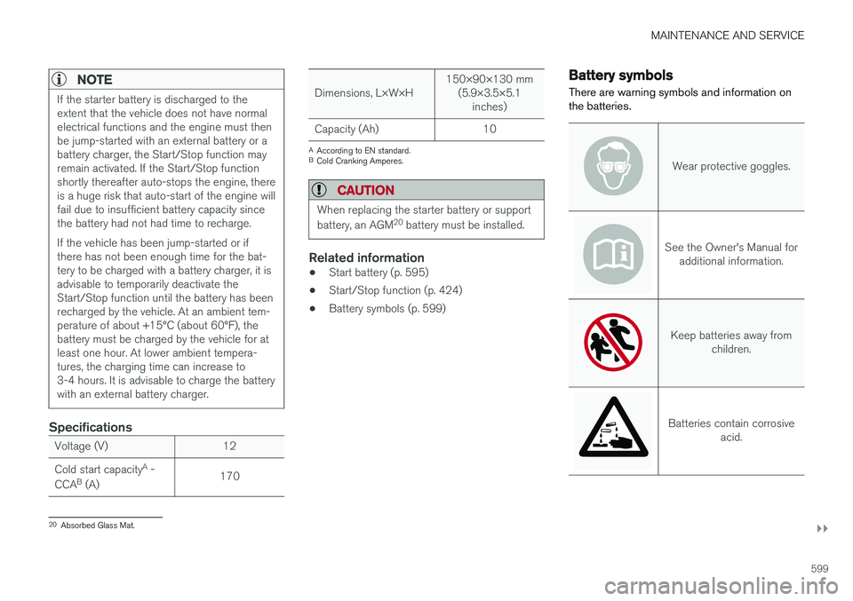 VOLVO V90 CROSS COUNTRY 2018 Owner´s Manual MAINTENANCE AND SERVICE
}}
599
NOTE
If the starter battery is discharged to the extent that the vehicle does not have normalelectrical functions and the engine must thenbe jump-started with an externa VOLVO V90 CROSS COUNTRY 2018 Owner´s Manual MAINTENANCE AND SERVICE
}}
599
NOTE
If the starter battery is discharged to the extent that the vehicle does not have normalelectrical functions and the engine must thenbe jump-started with an externa