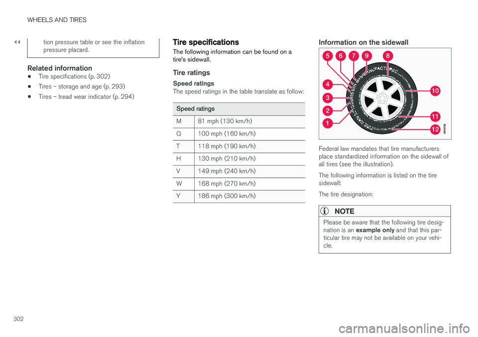 VOLVO S60 INSCRIPTION 2017  Owner´s Manual ||
WHEELS AND TIRES
302
tion pressure table or see the inflation pressure placard.
Related information
•Tire specifications (p. 302)
• Tires – storage and age (p. 293)
• Tires – tread wear i