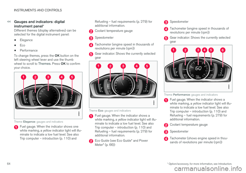 VOLVO S60 INSCRIPTION 2017 Owner´s Manual ||
INSTRUMENTS AND CONTROLS
* Option/accessory, for more information, see Introduction.
64
Gauges and indicators: digital instrument panel *
Different themes (display alternatives) can be selected for VOLVO S60 INSCRIPTION 2017 Owner´s Manual ||
INSTRUMENTS AND CONTROLS
* Option/accessory, for more information, see Introduction.
64
Gauges and indicators: digital instrument panel *
Different themes (display alternatives) can be selected for