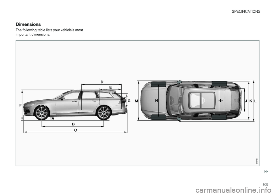 VOLVO V90 CROSS COUNTRY 2017  Quick Guide SPECIFICATIONS
}}
165
DimensionsThe following table lists your vehicle's most important dimensions.   