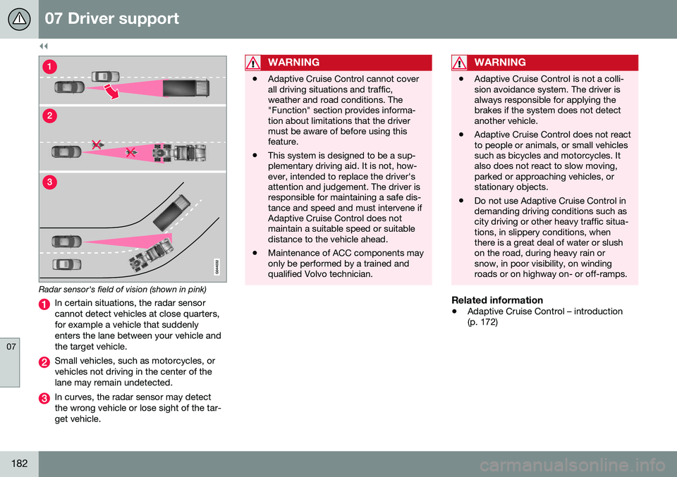 VOLVO S60 2016  Owner´s Manual ||
07 Driver support
07
182
Radar sensor's field of vision (shown in pink)
In certain situations, the radar sensor cannot detect vehicles at close quarters,for example a vehicle that suddenlyenter