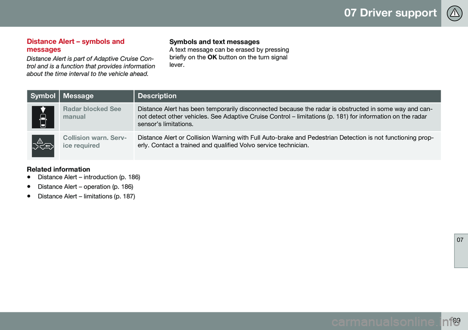 VOLVO S60 CROSS COUNTRY 2016  Owner´s Manual 07 Driver support
07
189
Distance Alert – symbols and messages
Distance Alert is part of Adaptive Cruise Con- trol and is a function that provides informationabout the time interval to the vehicle a