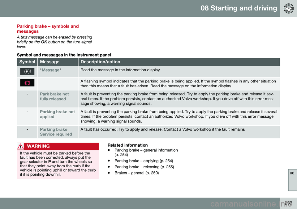VOLVO S80 2016  Owner´s Manual 08 Starting and driving
08
257
Parking brake – symbols and messages
A text message can be erased by pressing briefly on the OK button on the turn signal
lever.
Symbol and messages in the instrument 