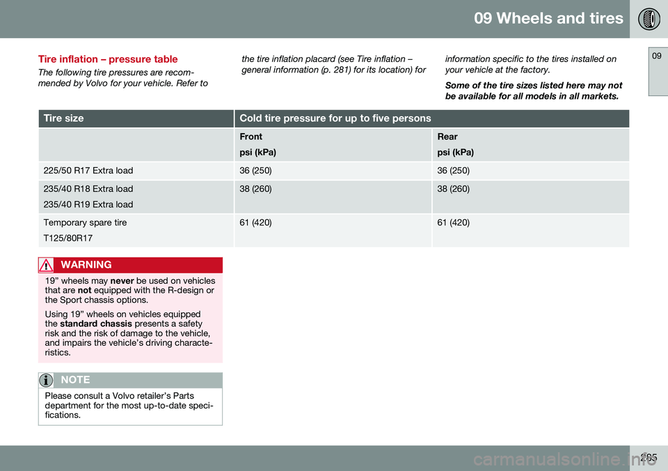 VOLVO S80 2016  Owner´s Manual 09 Wheels and tires
09
285
Tire inflation – pressure table
The following tire pressures are recom- mended by Volvo for your vehicle. Refer tothe tire inflation placard (see Tire inflation –general