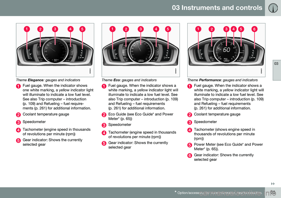VOLVO S80 2016  Owner´s Manual 03 Instruments and controls
03
}}
* Option/accessory, for more information, see Introduction.63
Theme  Elegance : gauges and indicators
Fuel gauge. When the indicator shows one white marking, a yellow