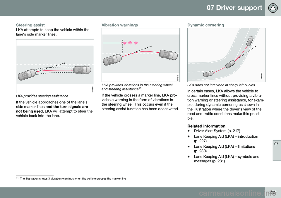 VOLVO V60 CROSS COUNTRY 2016  Owner´s Manual 07 Driver support
07
229
Steering assistLKA attempts to keep the vehicle within the lane's side marker lines.
LKA provides steering assistance
If the vehicle approaches one of the lane's side 