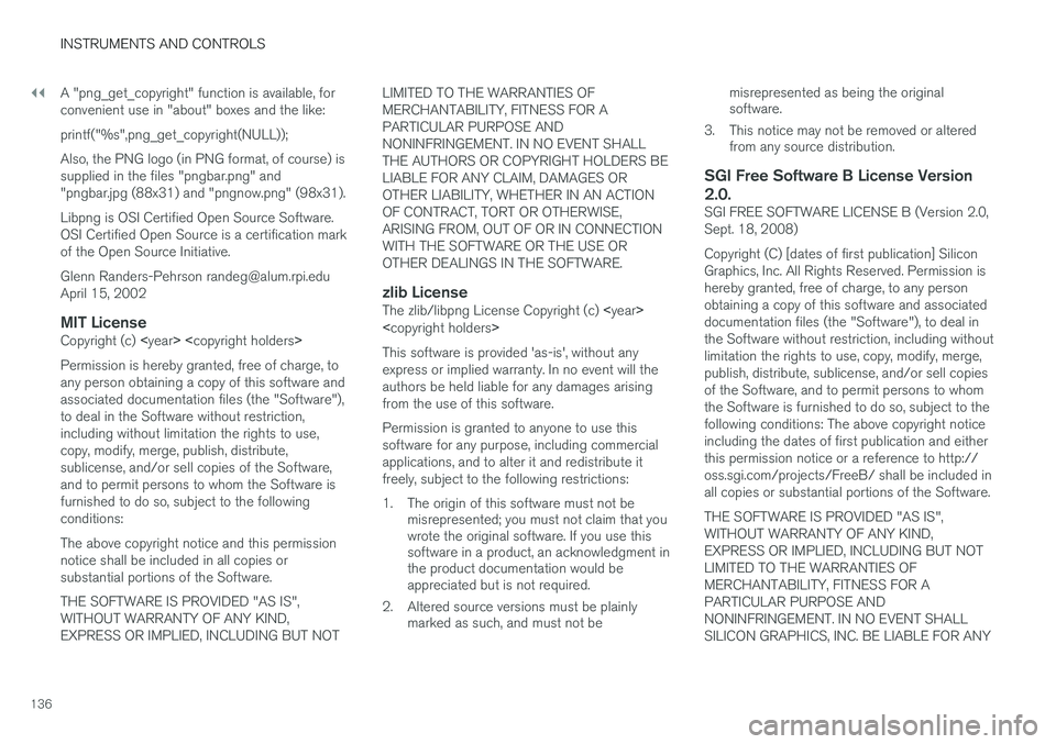 VOLVO XC90 T8 2016 Owner´s Manual ||
INSTRUMENTS AND CONTROLS
136A "png_get_copyright" function is available, for convenient use in "about" boxes and the like: printf("%s",png_get_copyright(NULL));Also, the PNG VOLVO XC90 T8 2016 Owner´s Manual ||
INSTRUMENTS AND CONTROLS
136A "png_get_copyright" function is available, for convenient use in "about" boxes and the like: printf("%s",png_get_copyright(NULL));Also, the PNG