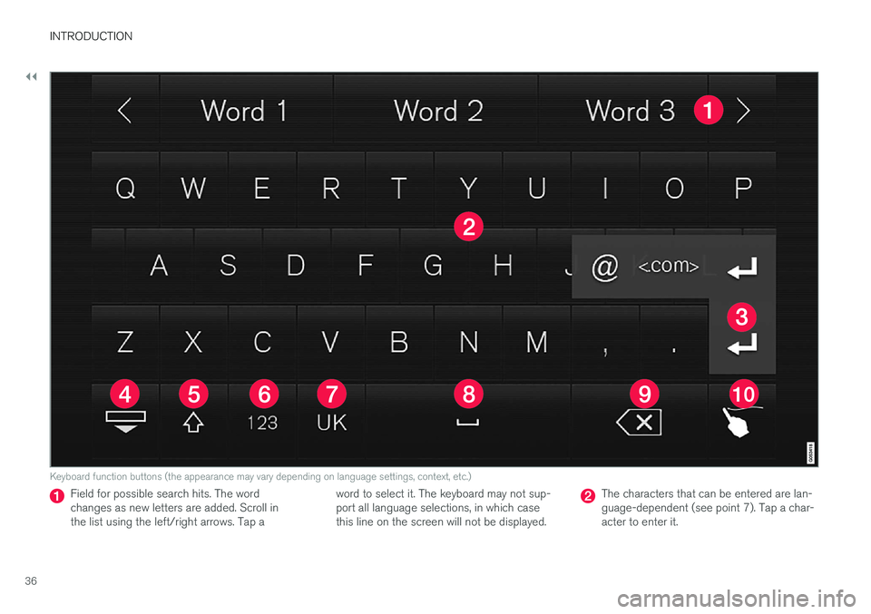 VOLVO XC90 T8 2016  Owner´s Manual ||
INTRODUCTION
36
Keyboard function buttons (the appearance may vary depending on language settings, context, etc.)
Field for possible search hits. The word changes as new letters are added. Scroll i