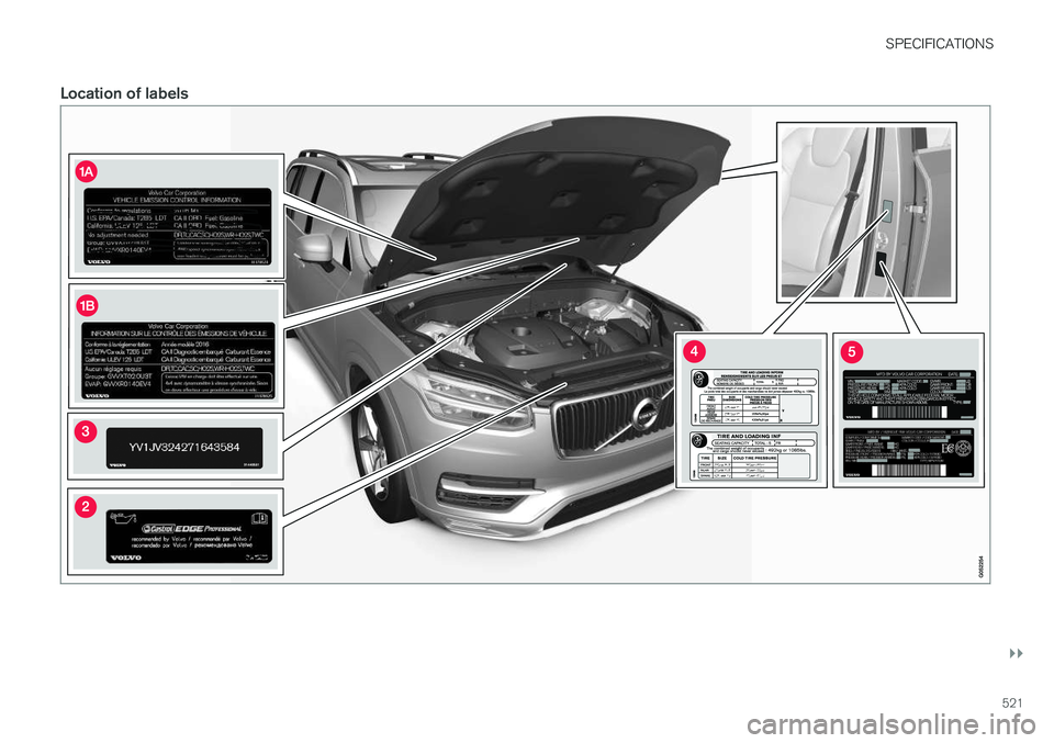 VOLVO XC90 T8 2016  Owner´s Manual SPECIFICATIONS
}}
521
Location of labels        