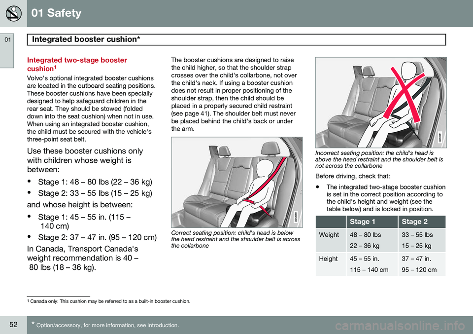 VOLVO V60 2015  Owner´s Manual 01 Safety
Integrated booster cushion* 01
52* Option/accessory, for more information, see Introduction.
Integrated two-stage booster cushion 1
Volvo's optional integrated booster cushions are locat