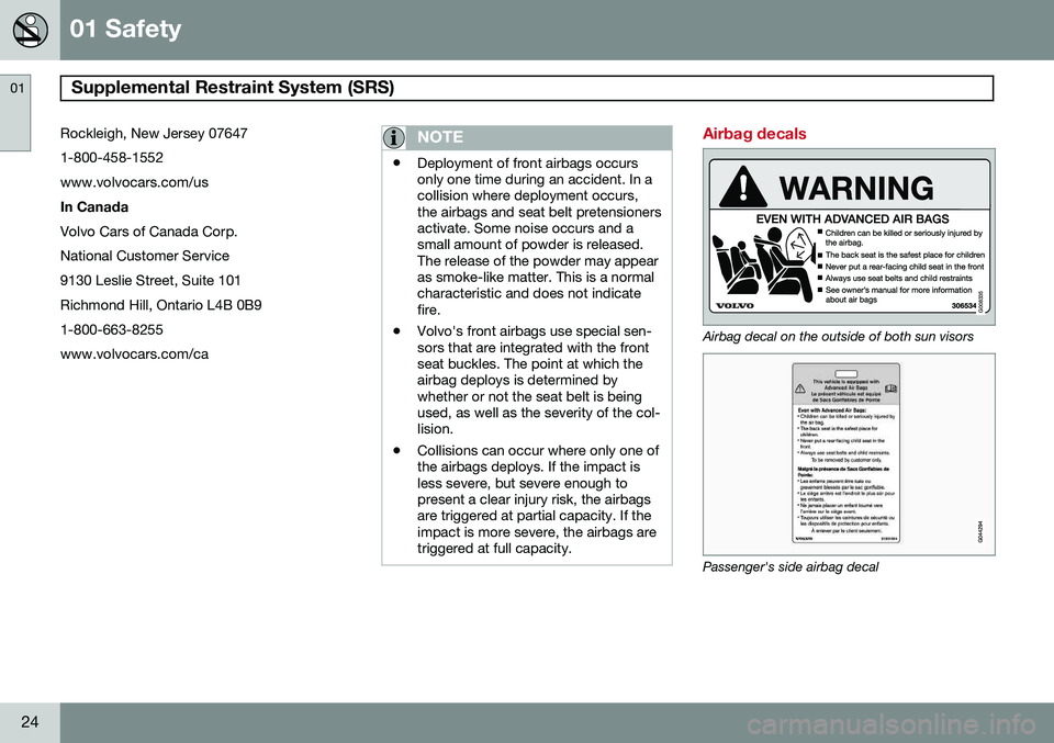 VOLVO S80 2014  Owner´s Manual 01 Safety
Supplemental Restraint System (SRS)  01
24
Rockleigh, New Jersey 07647 1-800-458-1552www.volvocars.com/us In Canada Volvo Cars of Canada Corp. National Customer Service9130 Leslie Street, Su