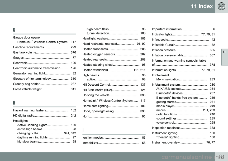 VOLVO XC70 2014 Owner´s Manual 11 Index
11
385
G
Garage door openerHomeLink ®
Wireless Control System. 117
Gasoline requirements............................. 279
Gas tank volume...................................... 376
Gauges.. VOLVO XC70 2014 Owner´s Manual 11 Index
11
385
G
Garage door openerHomeLink ®
Wireless Control System. 117
Gasoline requirements............................. 279
Gas tank volume...................................... 376
Gauges..