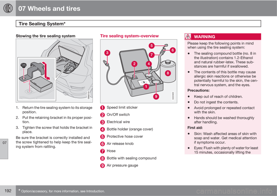 VOLVO C30 2011  Owner´s Manual 07 Wheels and tires
Tire Sealing System*  
07
192* Option/accessory, for more information, see Introduction.
Stowing the tire sealing system
1. Return the tire sealing system to its storage
position.

