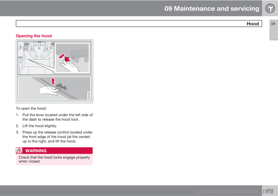 VOLVO C30 2011  Owner´s Manual 09 Maintenance and servicing
 Hood09
215 Opening the hood
G031032
To open the hood:
1. Pull the lever located under the left side of
the dash to release the hood lock.
2. Lift the hood slightly.
3. Pr