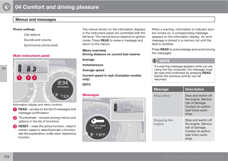 VOLVO S80 2011 Owner´s Manual 04 Comfort and driving pleasure
Menus and messages
04
124
Phone settings
Call options
Sounds and volume
Synchronize phone book
Main instrument panel
G022908
Information display and menu controls
READ VOLVO S80 2011 Owner´s Manual 04 Comfort and driving pleasure
Menus and messages
04
124
Phone settings
Call options
Sounds and volume
Synchronize phone book
Main instrument panel
G022908
Information display and menu controls
READ