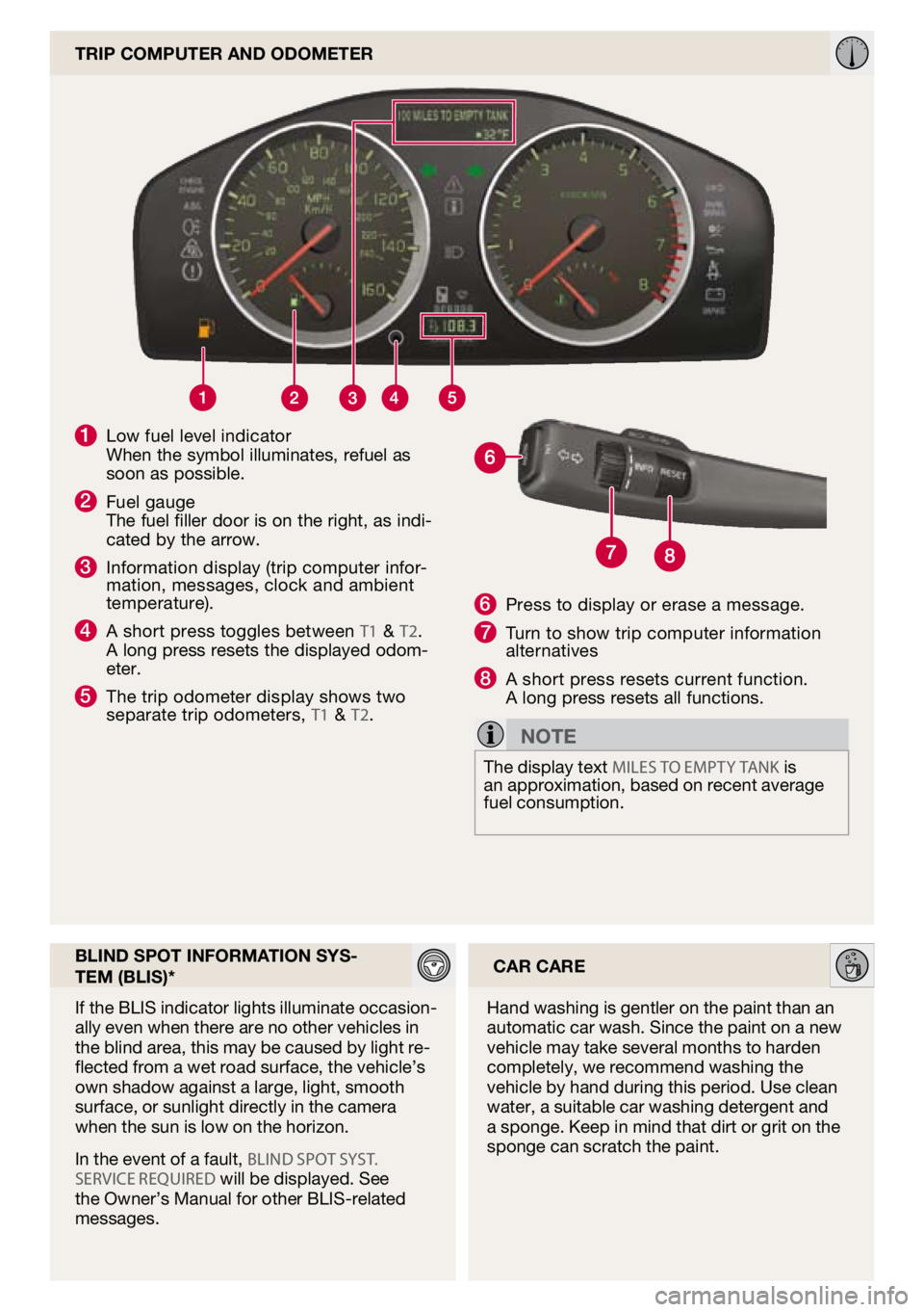 VOLVO C30 2010  Quick Guide 
blind Spot inFormation SyS-
tem (bliS)*
if the  bliS indicator lights illuminate occasion
-ally even when there are no other vehicles in the blind area, this may be caused by light re-flected from a 