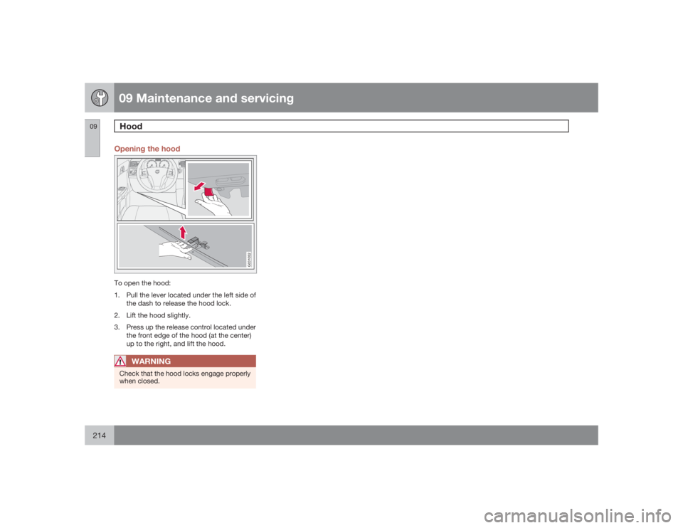 VOLVO S40 2009  Owner´s Manual 09 Maintenance and servicingHood
09214
Opening the hood
G031032
To open the hood:
1. Pull the lever located under the left side of
the dash to release the hood lock.
2. Lift the hood slightly.
3. Pres