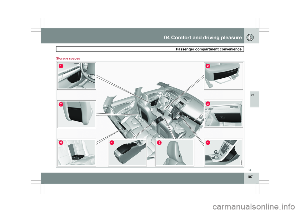 VOLVO XC60 2009  Owner´s Manual 04 Comfort and driving pleasure
 Passenger compartment convenience04
}}
197
Storage spaces   