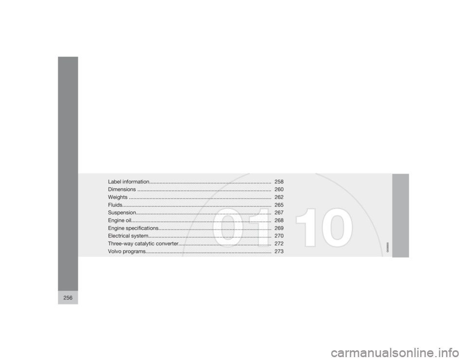 VOLVO XC90 2009  Owner´s Manual G000000
256
Label information.................................................................................. 258
Dimensions..........................................................................