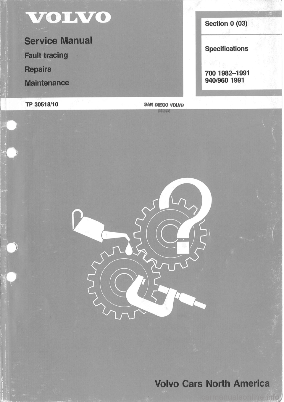 VOLVO 700 1982  Service Repair Manual TP 30518/10 SAN DIEGO \OLVO 
Specifications 
700 1982-1991 
940/960 1991 
Volvo Cars North America  