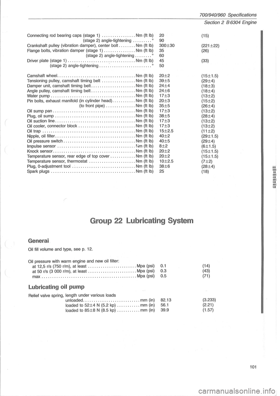 VOLVO 700 1982  Service Repair Manual ( 
Connecting rod bearing caps (stage 1) ................ Nm (ft Ib) 
(stage 2) angle-tightening ......... 0 
Crankshaft pulley (vibration  damper), center bolt ........ Nm (ft Ib) 
Flange bolts, vibr
