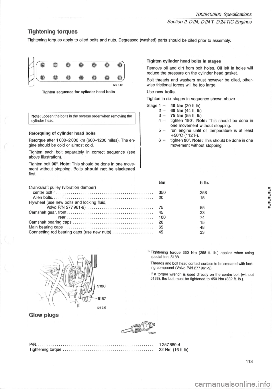 VOLVO 700 1982  Service Repair Manual ( 
70019401960 Specifications 
Section 
2 024, 024 T, 024 TIC  Engines 
Tig ht enin g to rqu es 
Tightening  torques apply to oiled bolts and nuts. Oegreased (washed)  parts should be oiled prior to a
