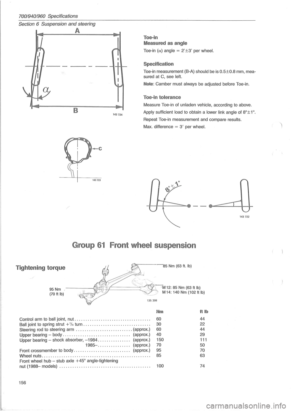 VOLVO 700 1982  Service Repair Manual 70019401960 Specifications 
Section 
6 Suspension and steering 
A 
Toe-in 
Meas ured  as ang le 
Toe -in (<X) angle = 2±3  per wheel. 
----------.-.--..---Spec ificat ion 
Toe-in measurement  (B-A)