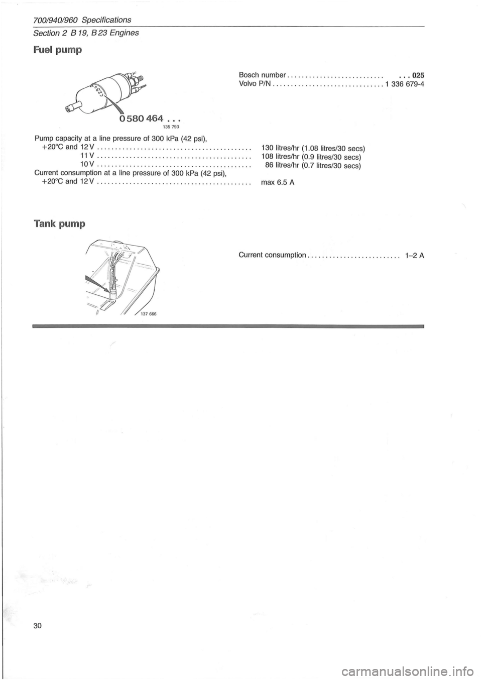 VOLVO 700 1982  Service Repair Manual 70019401960 Specifications 
Section 2 B 19, B 23 Engines 
Fuel pump 
~ 
Bosch number.  . . .  . . . . .  . . .  . .  . . . .  . . .  . . . . . .  . .. 025 
Volvo PIN ....... ................. ..... ..