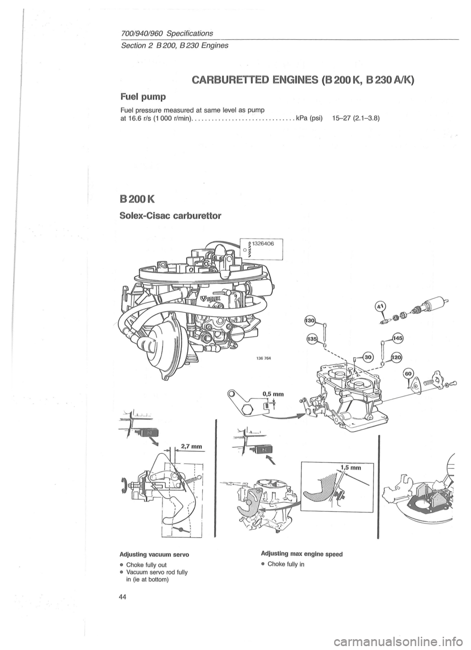 VOLVO 700 1982  Service Repair Manual 70019401960 Specifications 
Section 2 B 200, B 230 Engines 
CARBURETTED ENGINES ( B 200 K , B 230 AlK ) 
Fuel pump 
Fuel pressure  measured  at same level as pump 
at 16.6 rls (1 000 r/min)  .........