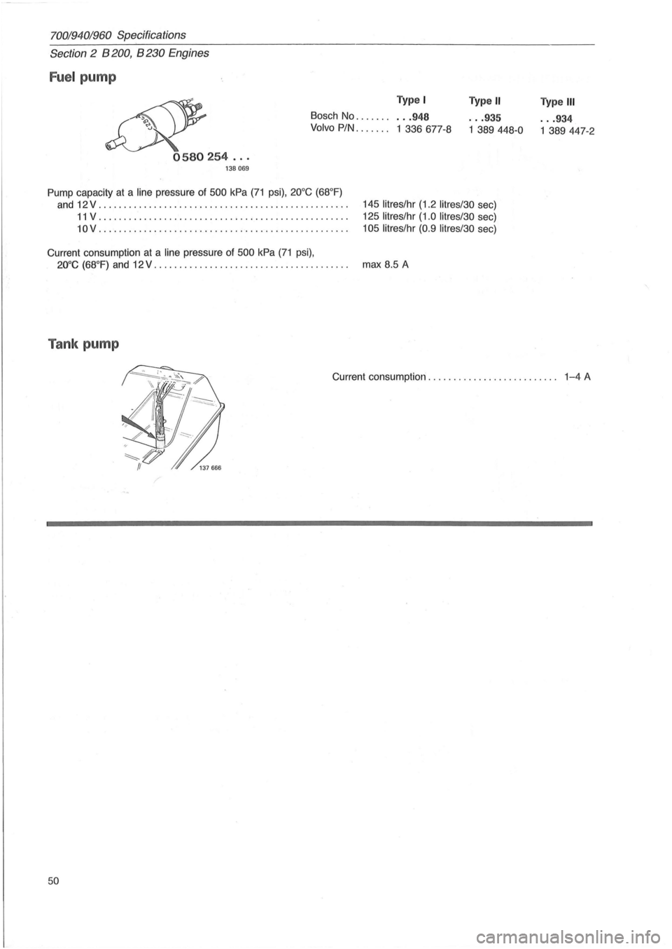 VOLVO 700 1982  Service Repair Manual 70019401960 Specifications 
Section 2 B 200, B 230 Engines 
Fuel pump 
Type I Type " Type " 
9 
Bosch No ..... " ... 948 ... 935 ... 934 
Volvo PIN.  . .  . . .. 1 336677-8 1 389448-0 1  389  447-2 
