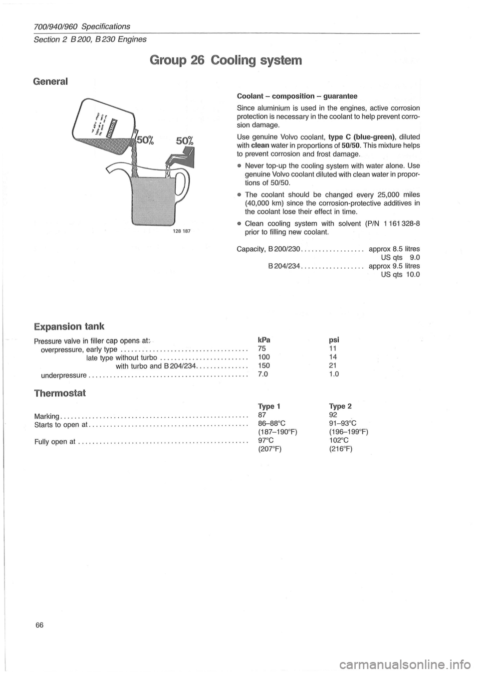 VOLVO 700 1982 Service Repair Manual 70019401960 Specifications
Section 2 B 200, B 230 Engines
General
Expansion tank
Group 26 Cooling system
128187
Coolant -composition -guarantee
Since aluminium is used in the engines, act VOLVO 700 1982 Service Repair Manual 70019401960 Specifications
Section 2 B 200, B 230 Engines
General
Expansion tank
Group 26 Cooling system
128187
Coolant -composition -guarantee
Since aluminium is used in the engines, act