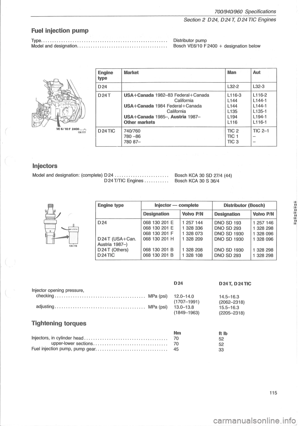 VOLVO 940 1982 Service Repair Manual (
l
70019401960 Specifications
Section
2 024, 024 T, 024 TIC Engines
Fuel inject ion pump
Type ....................................................... . Distributor pump
Model and designatio VOLVO 940 1982 Service Repair Manual (
l
70019401960 Specifications
Section
2 024, 024 T, 024 TIC Engines
Fuel inject ion pump
Type ....................................................... . Distributor pump
Model and designatio