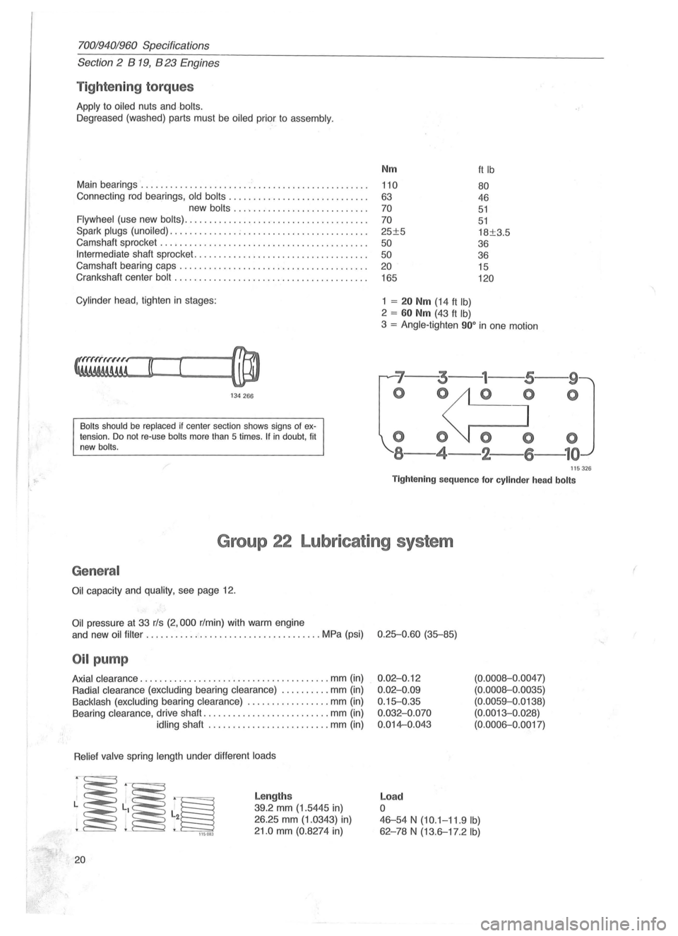 VOLVO 940 1982 Service Repair Manual 70019401960 Specifications
Section 2 B
19, B 23 Engines
Tightening torques
Apply to oiled nuts and bolts.
Oegreased (washed) parts must be oiled prior to assembly.
Main bearings .......... VOLVO 940 1982 Service Repair Manual 70019401960 Specifications
Section 2 B
19, B 23 Engines
Tightening torques
Apply to oiled nuts and bolts.
Oegreased (washed) parts must be oiled prior to assembly.
Main bearings ..........