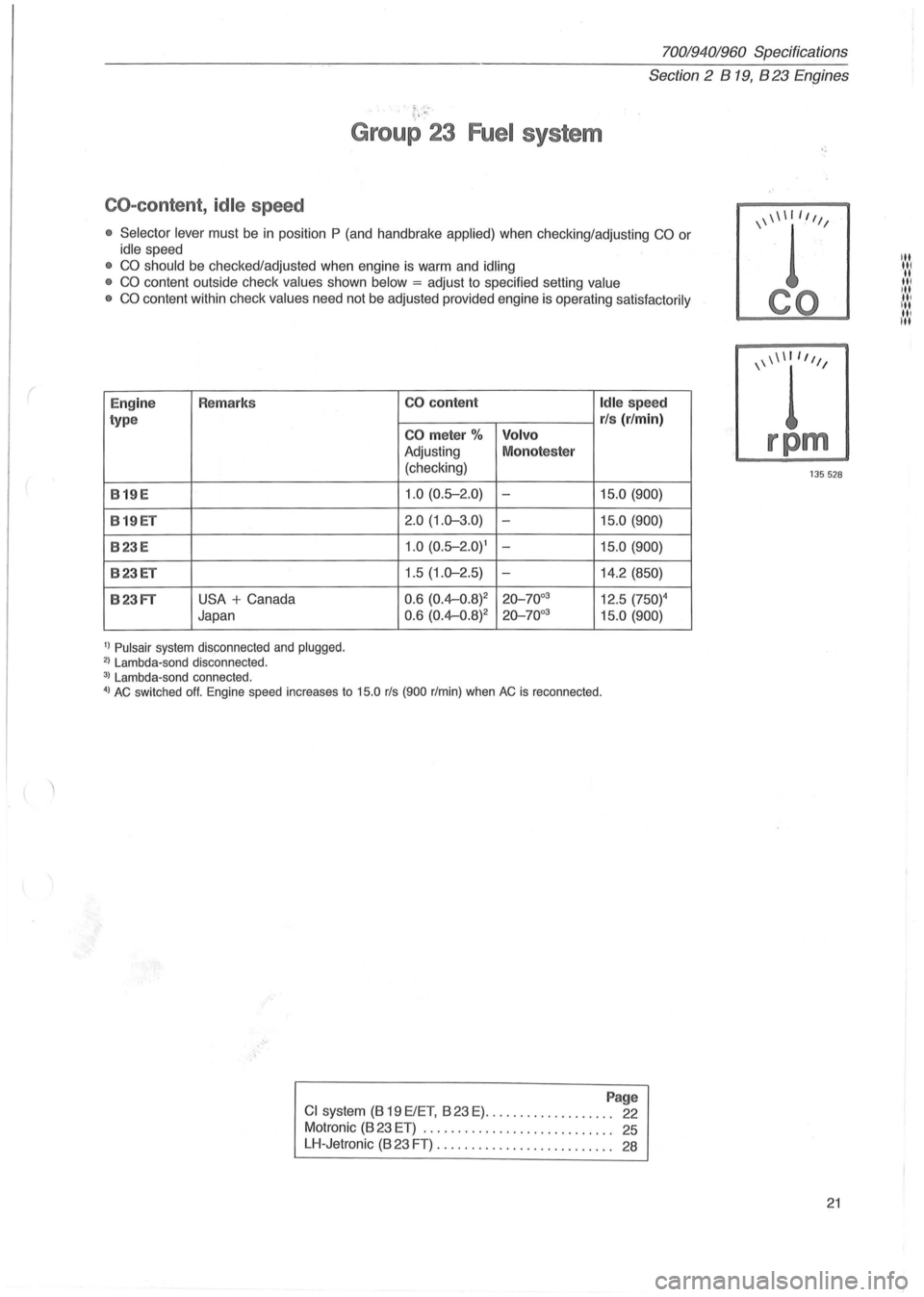 VOLVO 940 1982 Service Repair Manual (
70019401960 Specifications
Section 2 B 19, B 23 Engines
Group 23 Fuel system
CO-content , idle speed
• Selector lever must be in position P (and handbrake applied) when checking/adjustin VOLVO 940 1982 Service Repair Manual (
70019401960 Specifications
Section 2 B 19, B 23 Engines
Group 23 Fuel system
CO-content , idle speed
• Selector lever must be in position P (and handbrake applied) when checking/adjustin