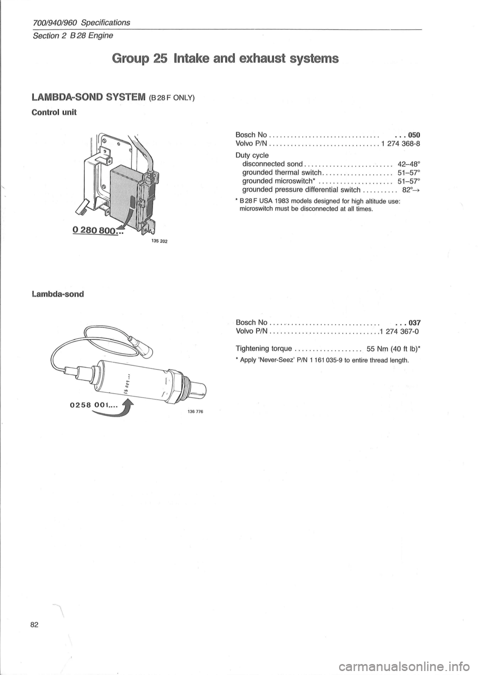 VOLVO 940 1982  Service Repair Manual 70019401960 Specifications 
Section 
2 B 28 Engine 
Group  25 Intake and exhaust  systems 
LAMBDA-SOND  SYSTEM (B28F ONLY) 
Control unit 
135 202 
Lambda-sond 
82 
Bosch No . . . .  . .  . . . . .  . 