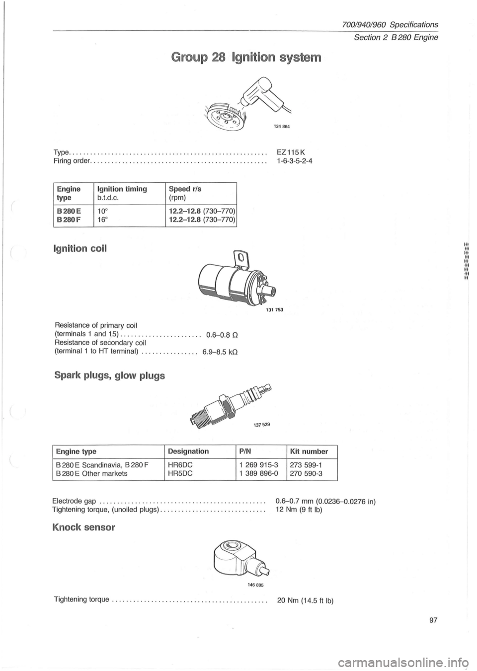 VOLVO 940 1982 Service Repair Manual Group 28 Ignition system
~
~~ ~ 134864
Type ....................................................... .
EZ115K
1-6 -3-5 -2 -4
Firing
order ................................................. .
E VOLVO 940 1982 Service Repair Manual Group 28 Ignition system
~
~~ ~ 134864
Type ....................................................... .
EZ115K
1-6 -3-5 -2 -4
Firing
order ................................................. .
E