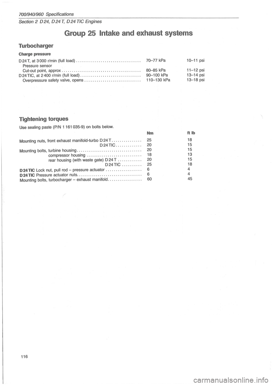 VOLVO 960 1982 Service Repair Manual 70019401960 Specifications
Section
2 024, 024 T, 024 TIC Engines
Group 25 Intake and exhaust systems
Turbocharger
Charge pressure
D 24 T, at 3000 rlmin (full load) .......................... VOLVO 960 1982 Service Repair Manual 70019401960 Specifications
Section
2 024, 024 T, 024 TIC Engines
Group 25 Intake and exhaust systems
Turbocharger
Charge pressure
D 24 T, at 3000 rlmin (full load) ..........................
