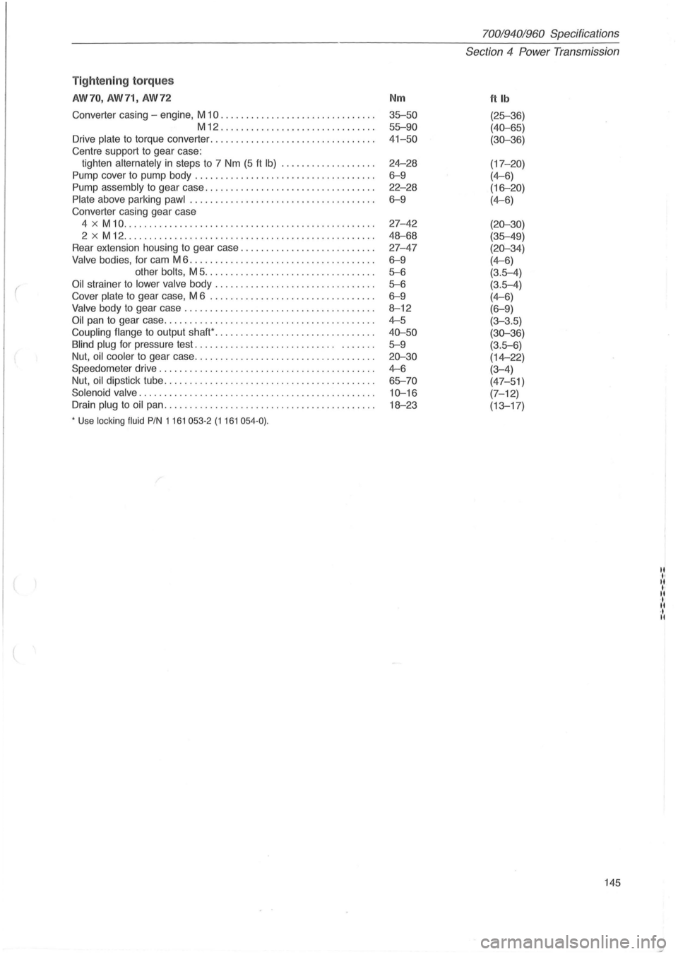 VOLVO 960 1982 Service Repair Manual (
(
Tightening torques
AW70, AW71, AW72
Converter casing -engine, M 10 ...................... .. ...... .
M12 .................. ......... .. . .
Drive plate
to torque converter .......... VOLVO 960 1982 Service Repair Manual (
(
Tightening torques
AW70, AW71, AW72
Converter casing -engine, M 10 ...................... .. ...... .
M12 .................. ......... .. . .
Drive plate
to torque converter ..........