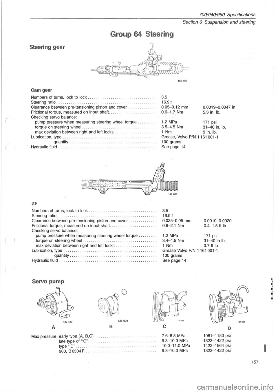 VOLVO 960 1982 Service Repair Manual (
70019401960 Specifications
Section 6 Suspension and steering
Group 64 Steering
Steeri ng gear
Cam gear
Numbers of turns, lock to lock ...................... .......... .
Steering ratio .
.. VOLVO 960 1982 Service Repair Manual (
70019401960 Specifications
Section 6 Suspension and steering
Group 64 Steering
Steeri ng gear
Cam gear
Numbers of turns, lock to lock ...................... .......... .
Steering ratio .
..