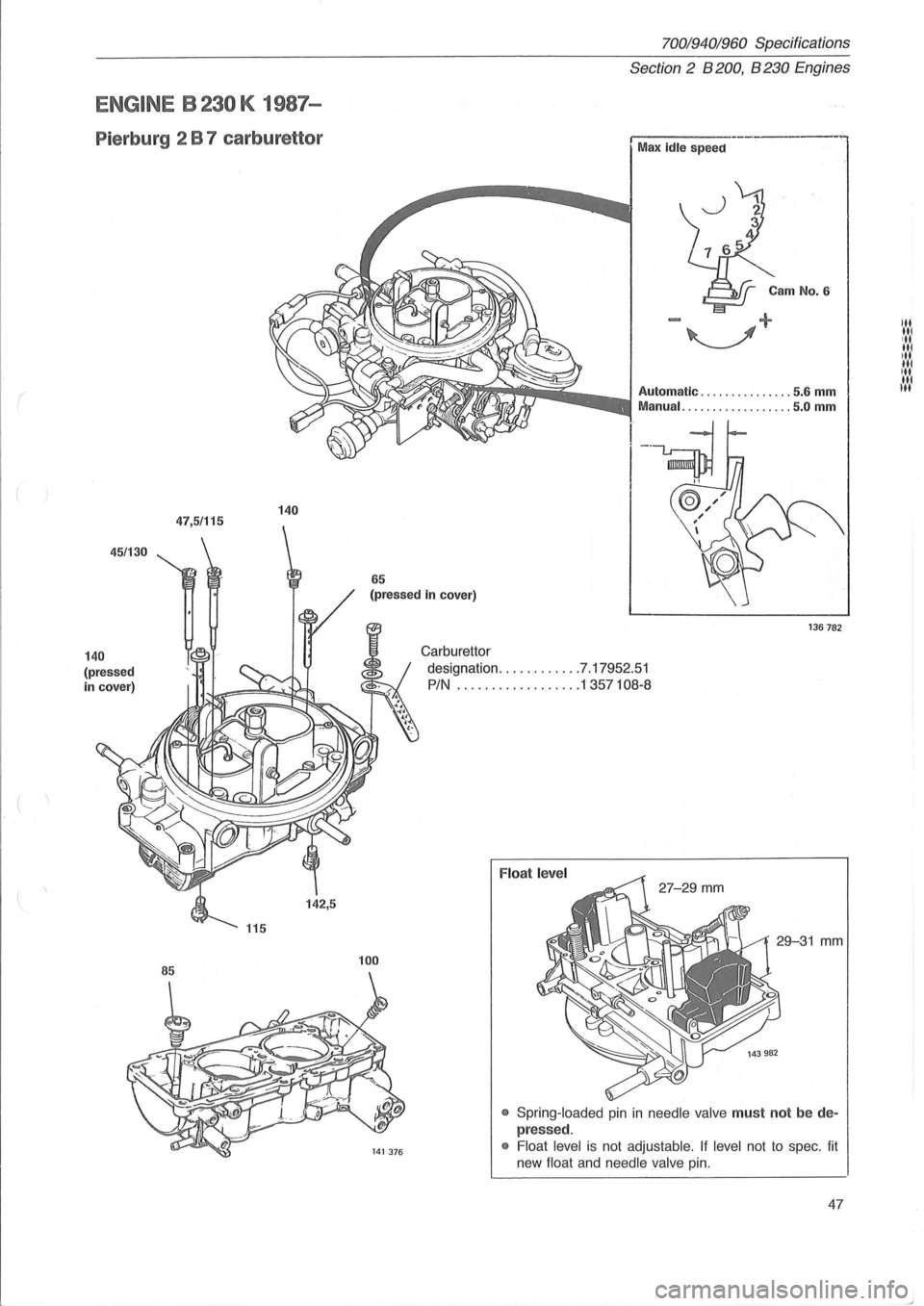 VOLVO 960 1982  Service Repair Manual ( 
ENGINE B 230 K 1987-
Pierburg  2 B 7 carburettor 
45/130 
140 
(pressed 
in  cover) 
47,5/115 140 
142,5 
70019401960 Specifications 
Section 2 B 200, B 230 Eng ines 
I ----. -----, Max Idle speed 