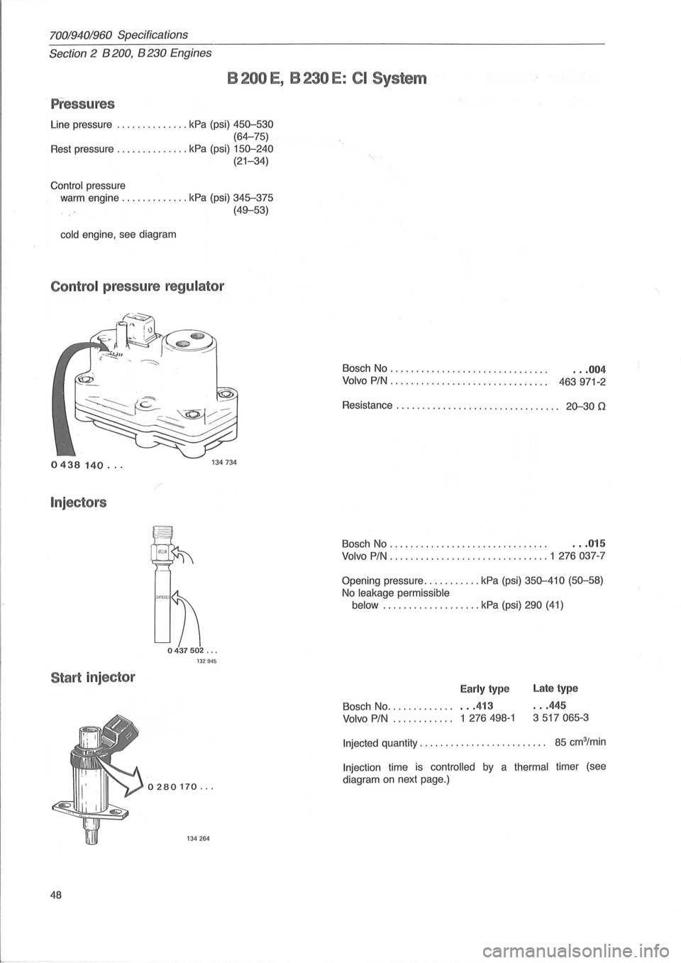 VOLVO 960 1982  Service Repair Manual 70019401960 Specifications 
Section 
2 B 200, B 230 Engines 
B 200 E , B 230 E: CI System 
. Pressures 
Line  pressure .............. kPa (psi) 450-530 
(64-75) 
Rest pressure .............. kPa (psi)